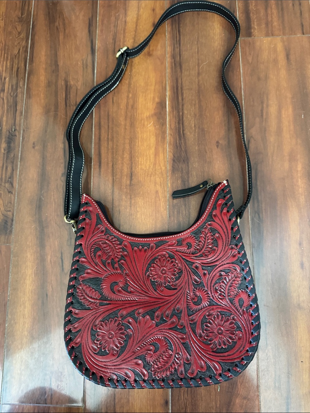 Tooled Floral Leather Crossbody Bag in Red and Black